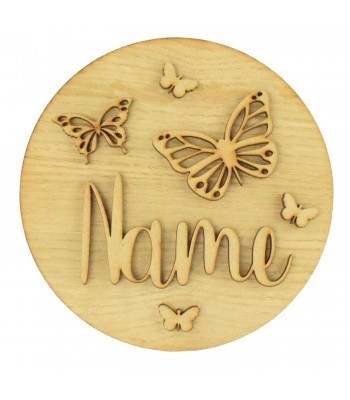 Laser Cut Oak Veneer Circle Plaque Personalised Name With Butterfly Shapes
